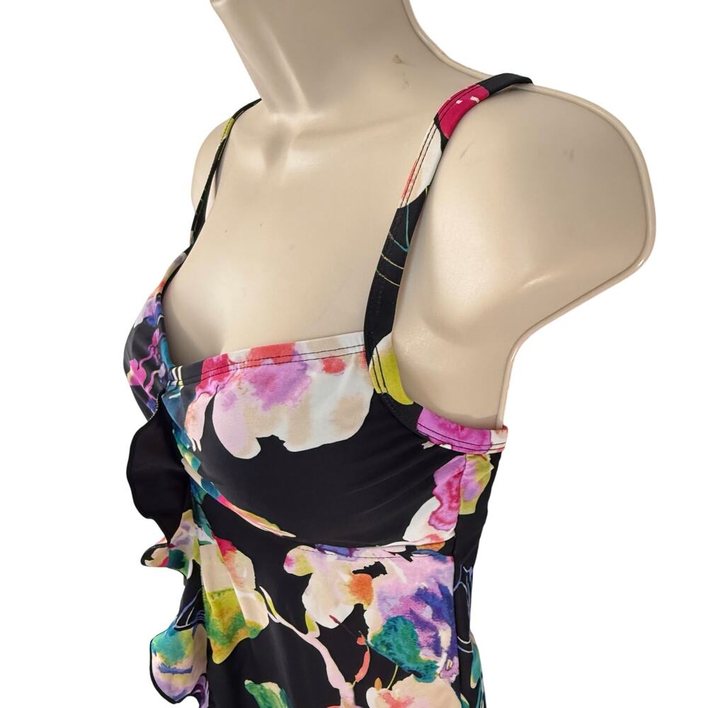 Maxine of Hollywood Black Tropical Floral Tankini Ruffled front and Hem - Picture 3 of 16